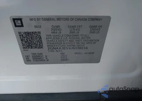2018 Chevrolet Equinox Lt из США, поврежденный, VIN 2GNAXJEV4J6338916